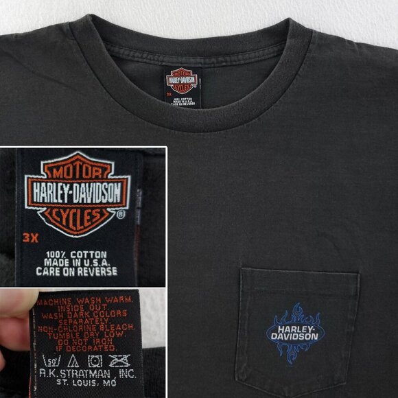 Harley Davidson Vintage T-Shirt 90s Blue Flames Long Sleeve USA Flag Whitt's 3XL - Picture 3 of 12